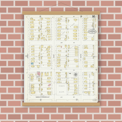 Old map wall art mockup — magnetic wood frame on brick wall — Sanborn Fire Insurance Map from Logansport, Cass County, Indiana (1906), Sheet #0016