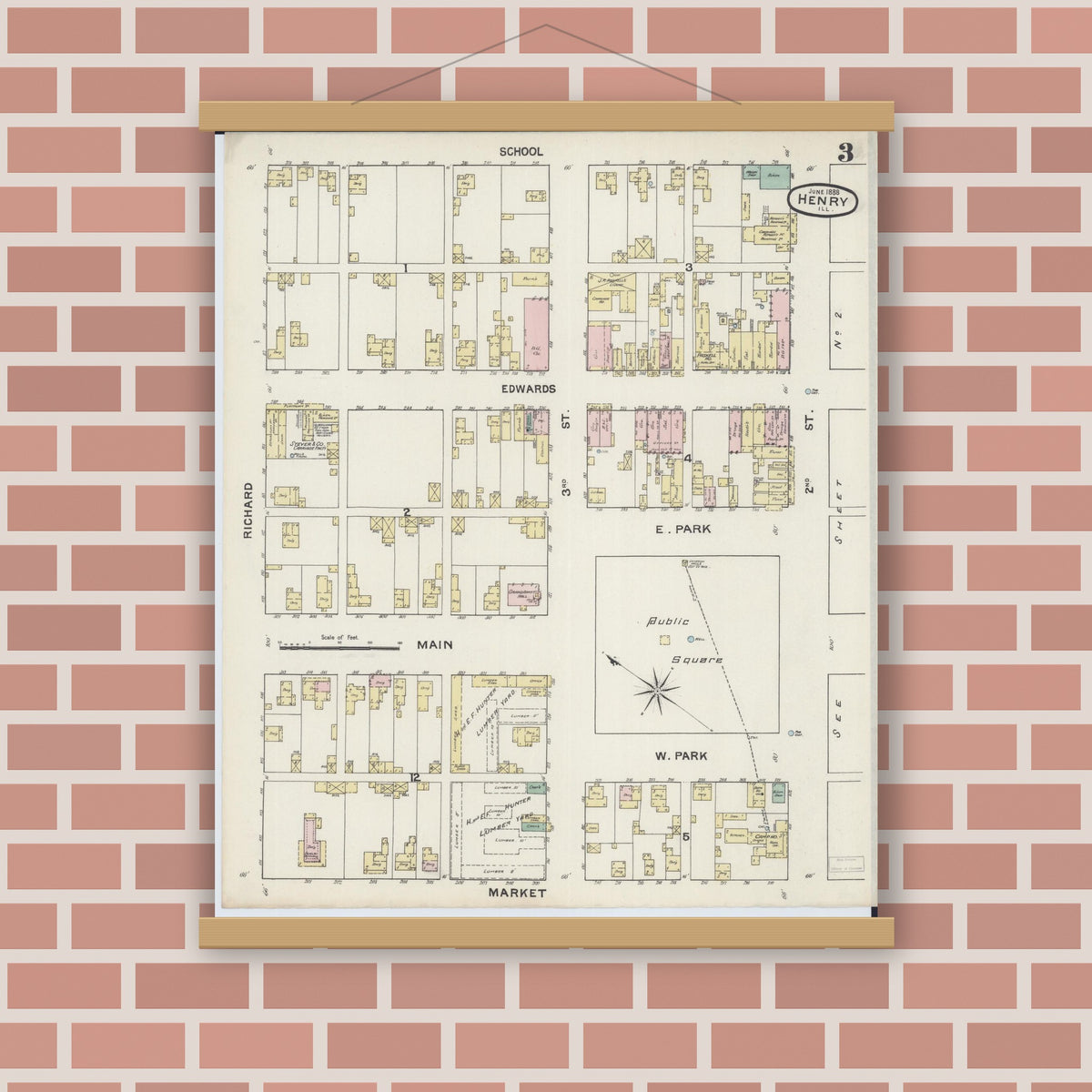 Old map wall art mockup — magnetic wood frame on brick wall — Sanborn Fire Insurance Map from Henry, Marshall County, Illinois (1888), Sheet #0003
