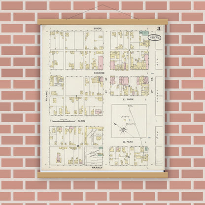 Old map wall art mockup — magnetic wood frame on brick wall — Sanborn Fire Insurance Map from Henry, Marshall County, Illinois (1888), Sheet #0003