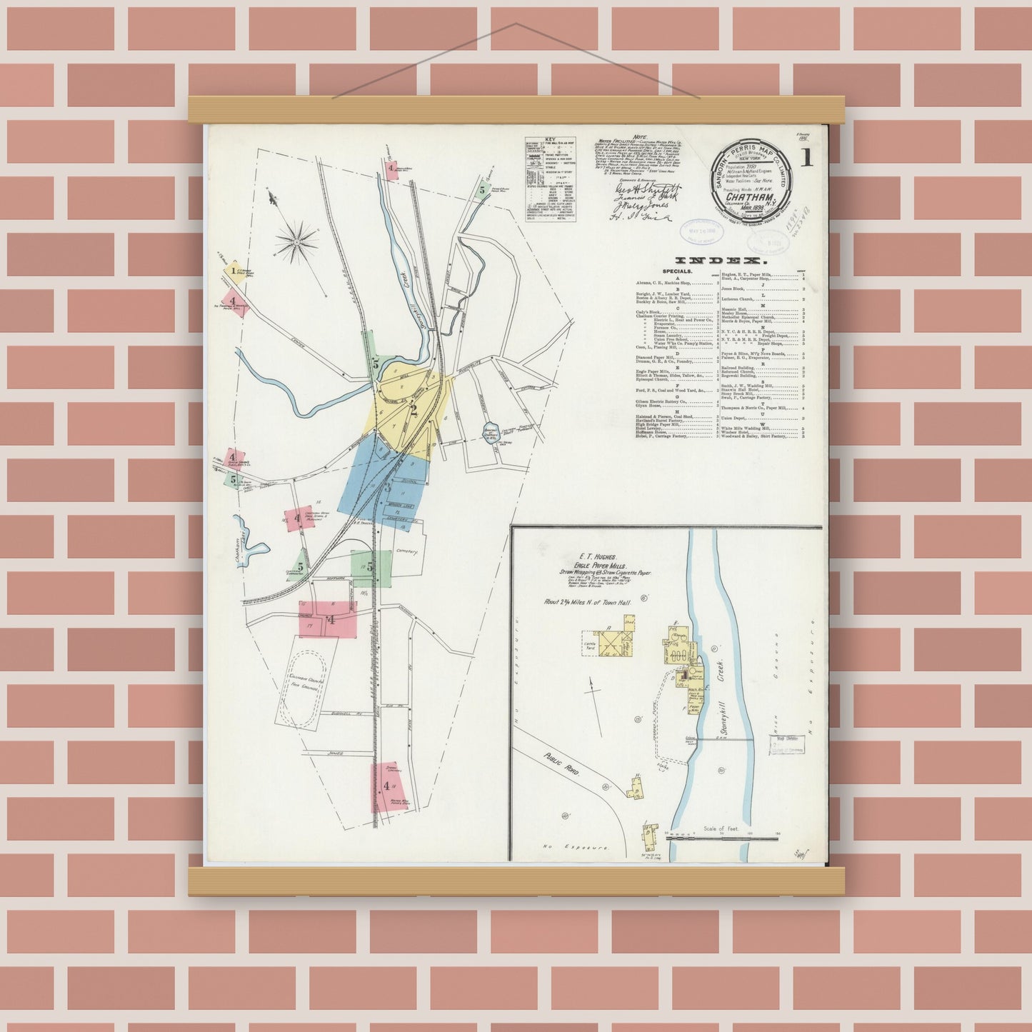 Old map wall art mockup — magnetic wood frame on brick wall — Sanborn Fire Insurance Map from Chatham, Columbia County, New York (1898) - Complete Map Set