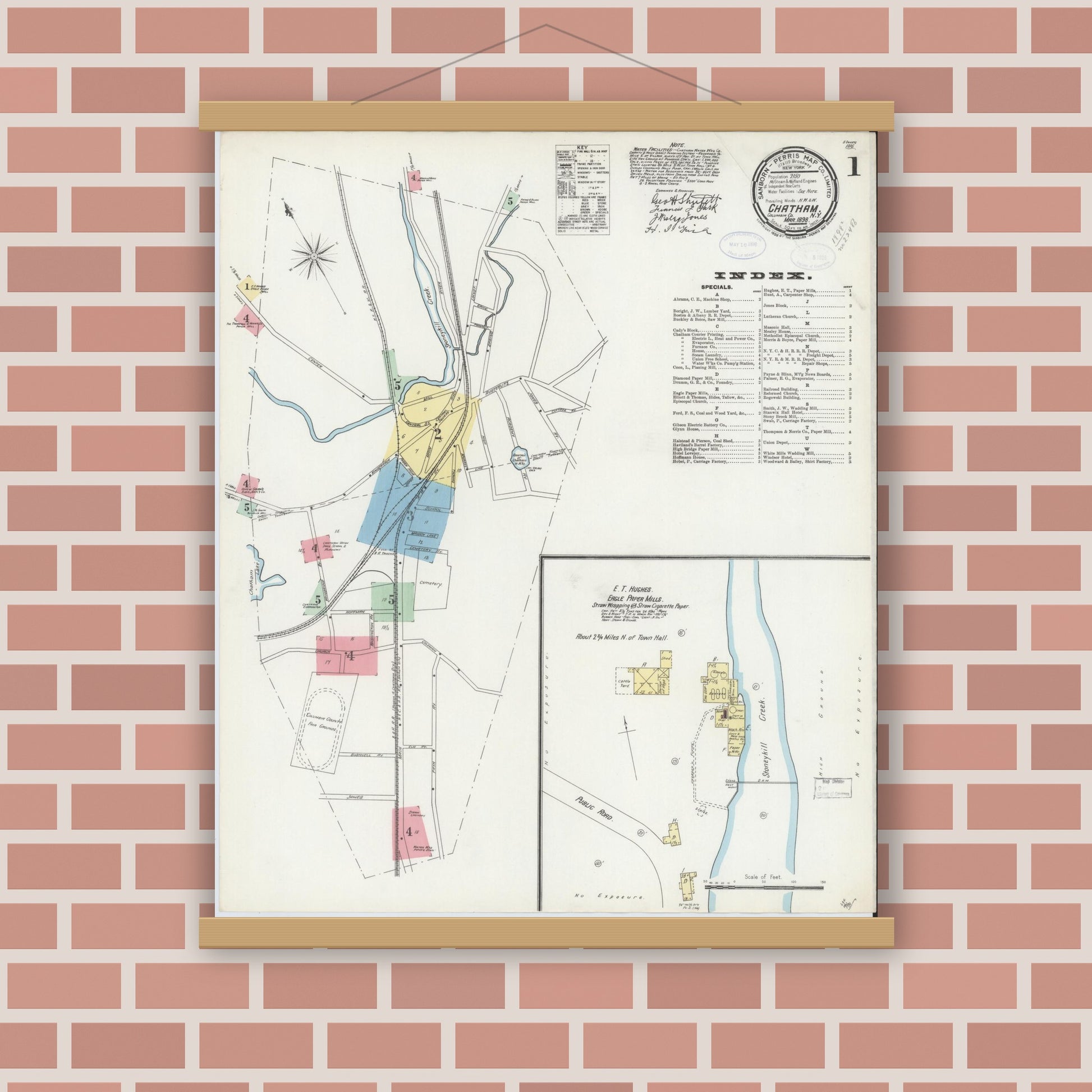 Old map wall art mockup — magnetic wood frame on brick wall — Sanborn Fire Insurance Map from Chatham, Columbia County, New York (1898) - Complete Map Set