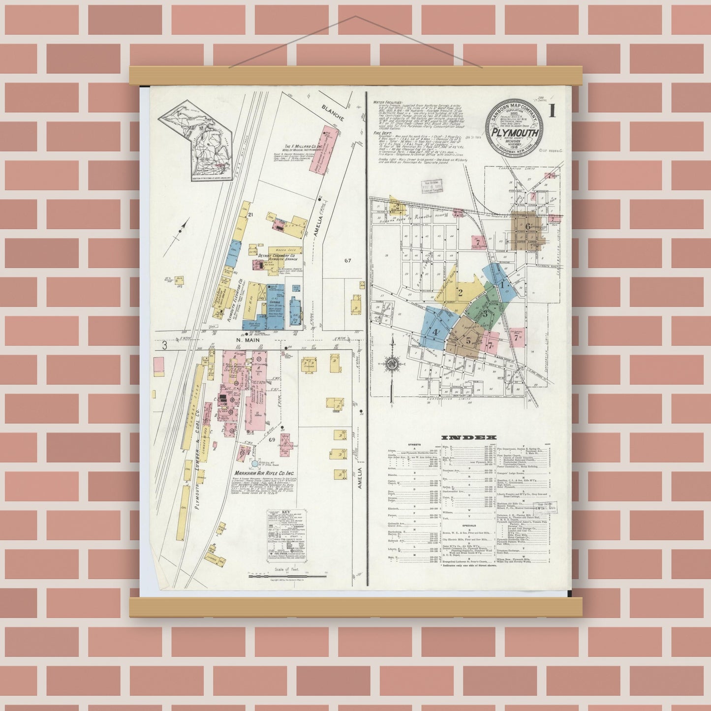 Old map wall art mockup — magnetic wood frame on brick wall — Sanborn Fire Insurance Map from Plymouth, Wayne County, Michigan (1918) - Complete Map Set