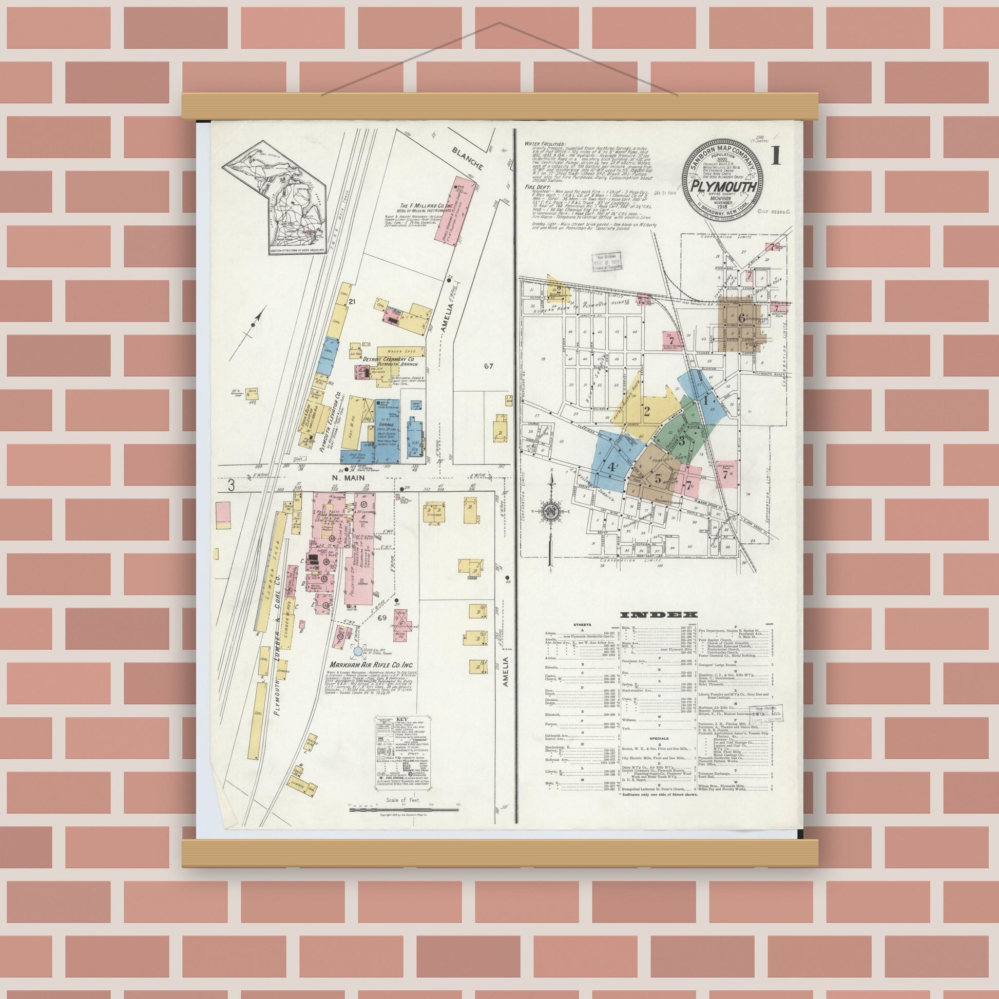 Old map wall art mockup — magnetic wood frame on brick wall — Sanborn Fire Insurance Map from Plymouth, Wayne County, Michigan (1918) - Complete Map Set