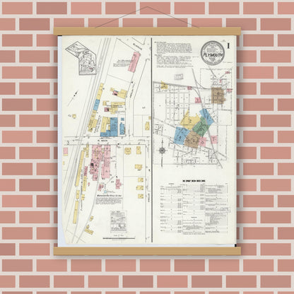 Old map wall art mockup — magnetic wood frame on brick wall — Sanborn Fire Insurance Map from Plymouth, Wayne County, Michigan (1918) - Complete Map Set