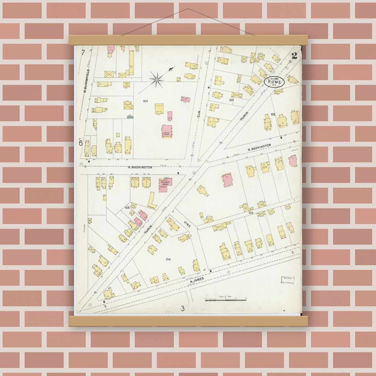 Old map wall art mockup — magnetic wood frame on brick wall — Sanborn Fire Insurance Map from Rome, Oneida County, New York (1899), Sheet #0002