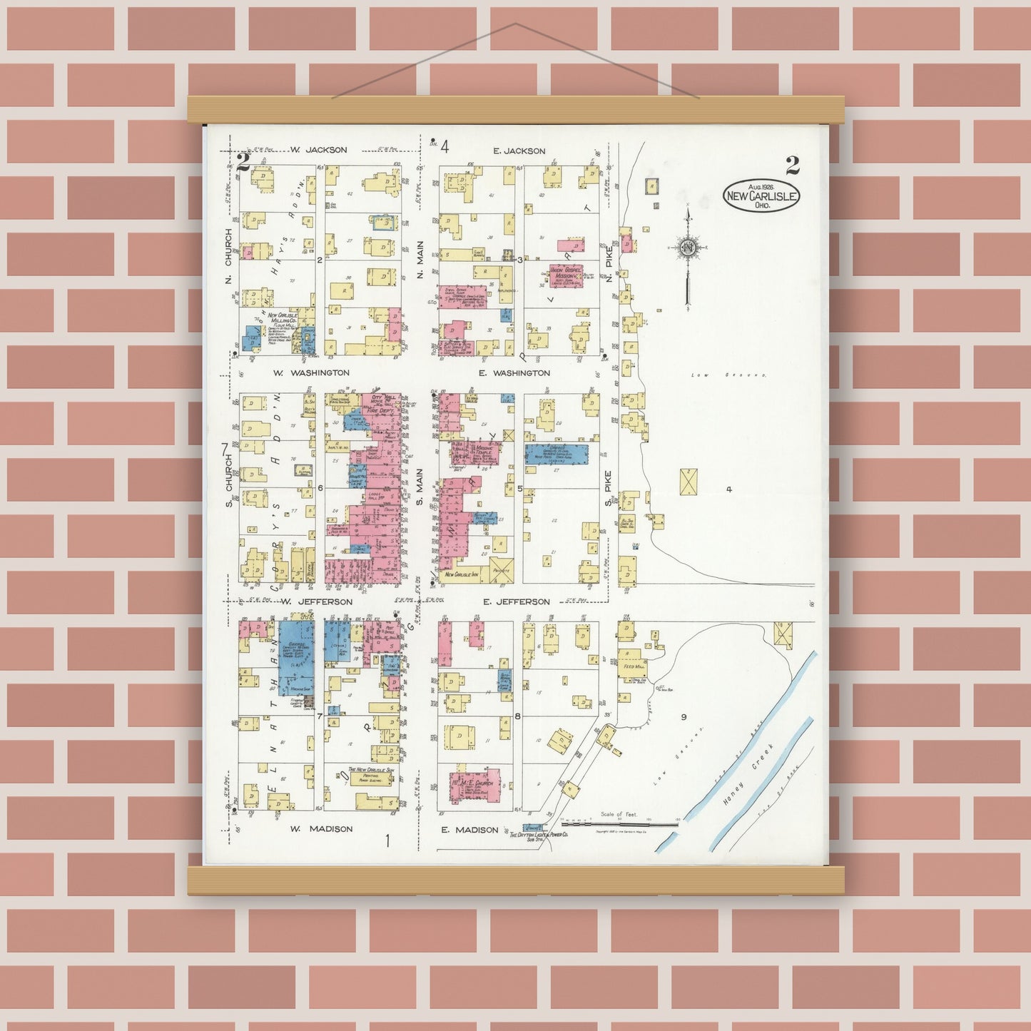 Old map wall art mockup — magnetic wood frame on brick wall — Sanborn Fire Insurance Map from New Carlisle, Clarke County, Ohio (1926), Sheet #0002