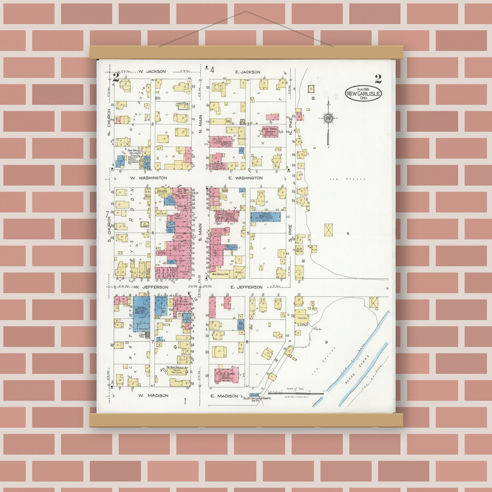 Old map wall art mockup — magnetic wood frame on brick wall — Sanborn Fire Insurance Map from New Carlisle, Clarke County, Ohio (1926), Sheet #0002