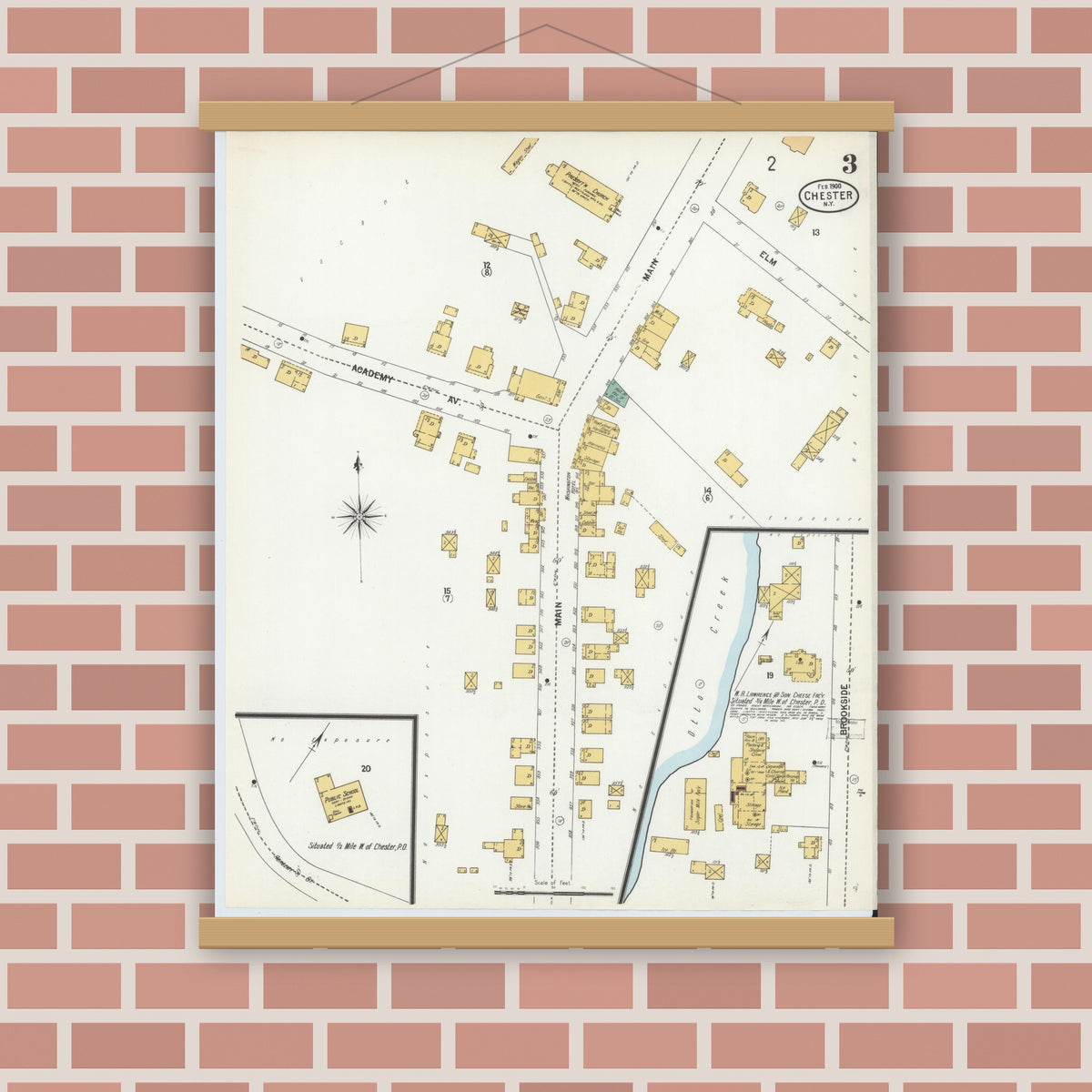 Old map wall art mockup — magnetic wood frame on brick wall — Sanborn Fire Insurance Map from Chester, Orange County, New York (1900), Sheet #0003