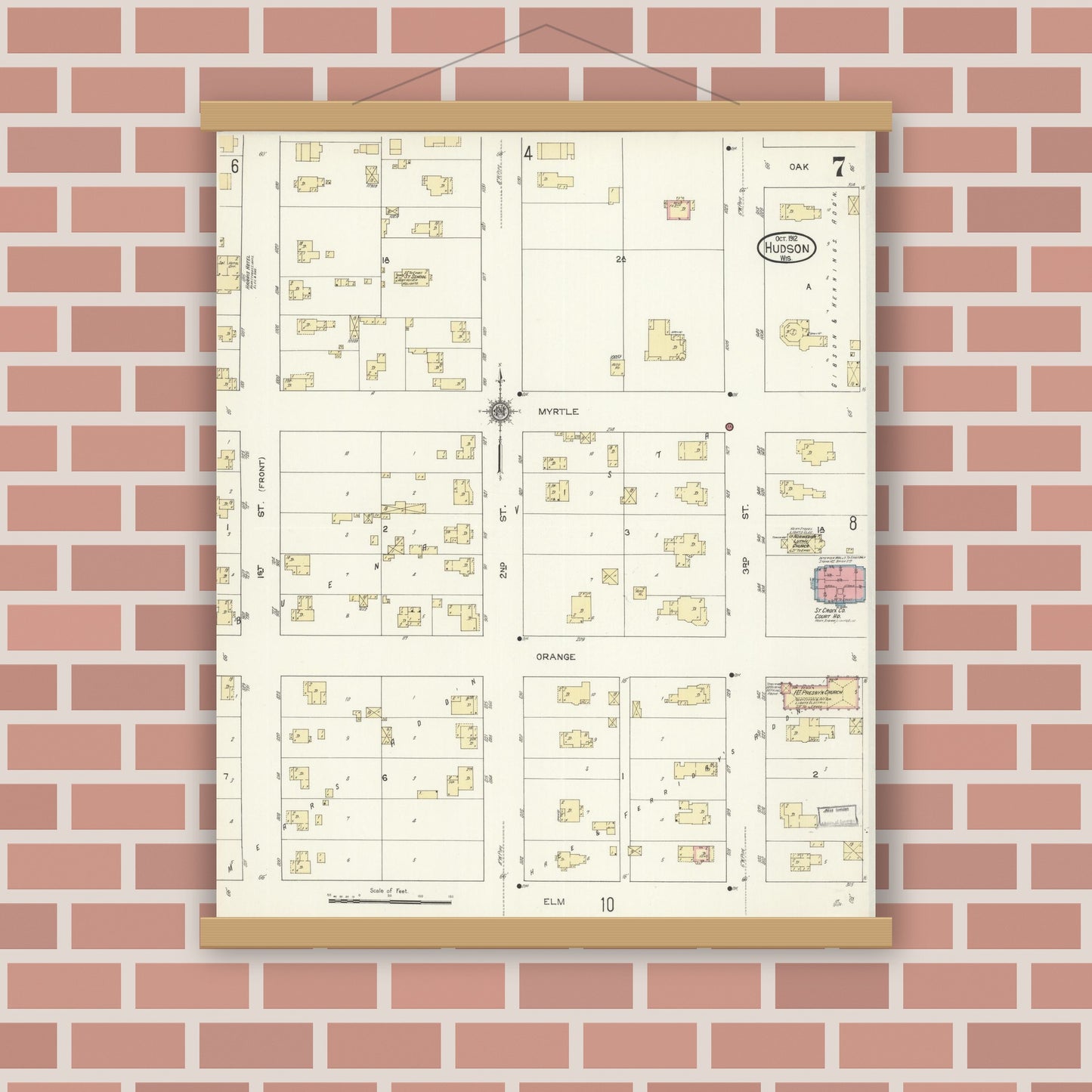 Old map wall art mockup — magnetic wood frame on brick wall — Sanborn Fire Insurance Map from Hudson, St. Croix County, Wisconsin (1912), Sheet #0007