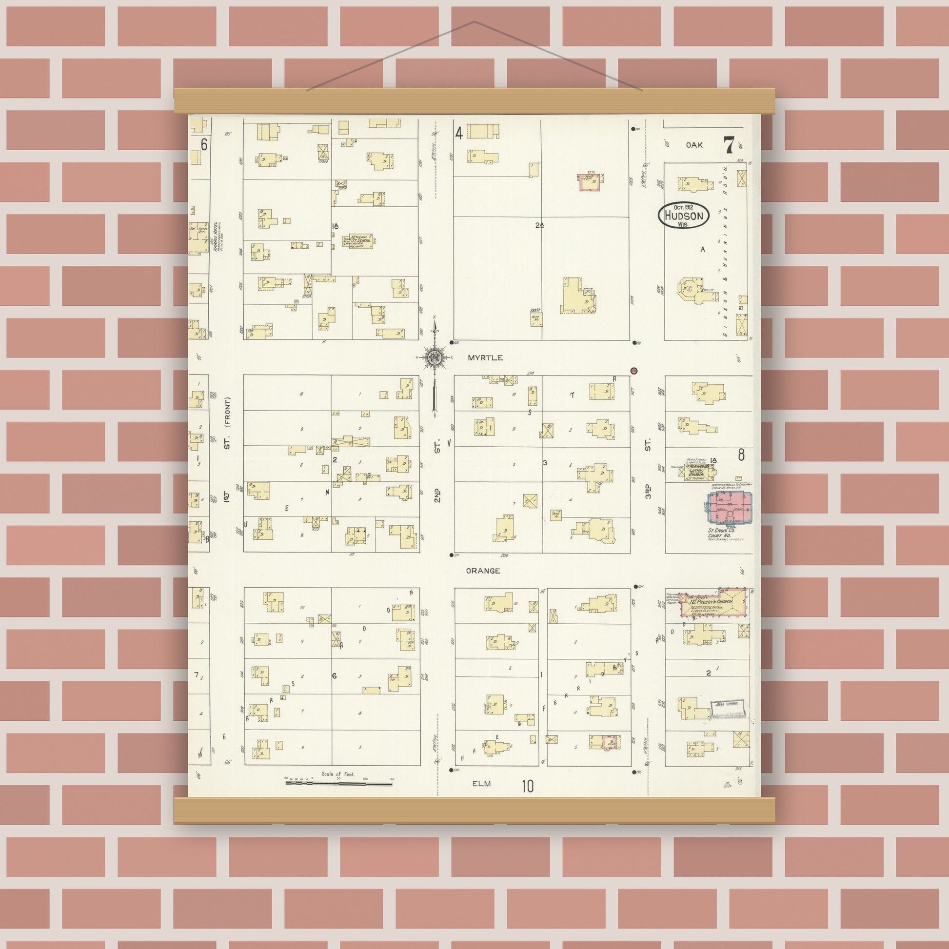 Old map wall art mockup — magnetic wood frame on brick wall — Sanborn Fire Insurance Map from Hudson, St. Croix County, Wisconsin (1912), Sheet #0007