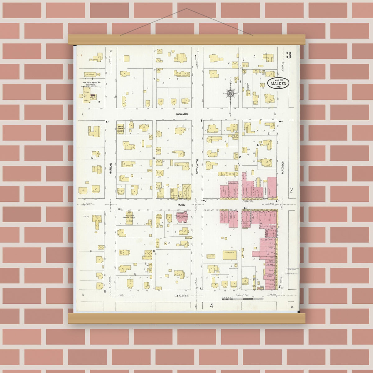 Old map wall art mockup — magnetic wood frame on brick wall — Sanborn Fire Insurance Map from Malden, Dunklin County, Missouri (1911), Sheet #0003