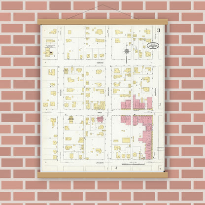Old map wall art mockup — magnetic wood frame on brick wall — Sanborn Fire Insurance Map from Malden, Dunklin County, Missouri (1911), Sheet #0003