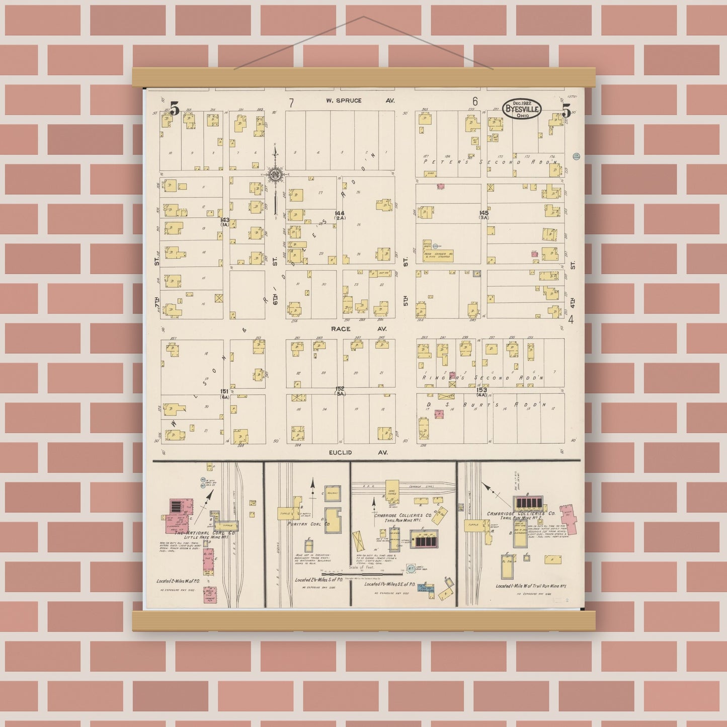 Old map wall art mockup — magnetic wood frame on brick wall — Sanborn Fire Insurance Map from Byesville, Guernsey County, Ohio (1922), Sheet #0005