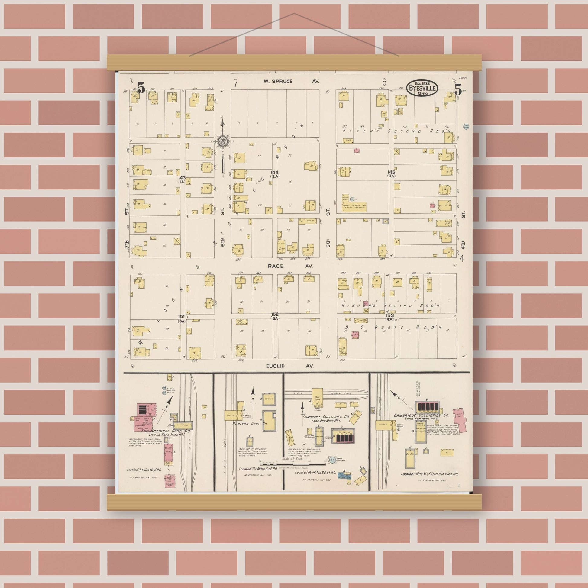 Old map wall art mockup — magnetic wood frame on brick wall — Sanborn Fire Insurance Map from Byesville, Guernsey County, Ohio (1922), Sheet #0005