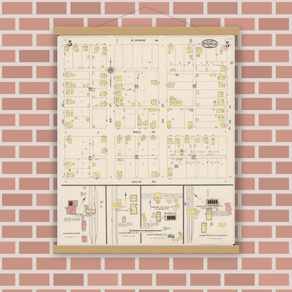 Old map wall art mockup — magnetic wood frame on brick wall — Sanborn Fire Insurance Map from Byesville, Guernsey County, Ohio (1922), Sheet #0005