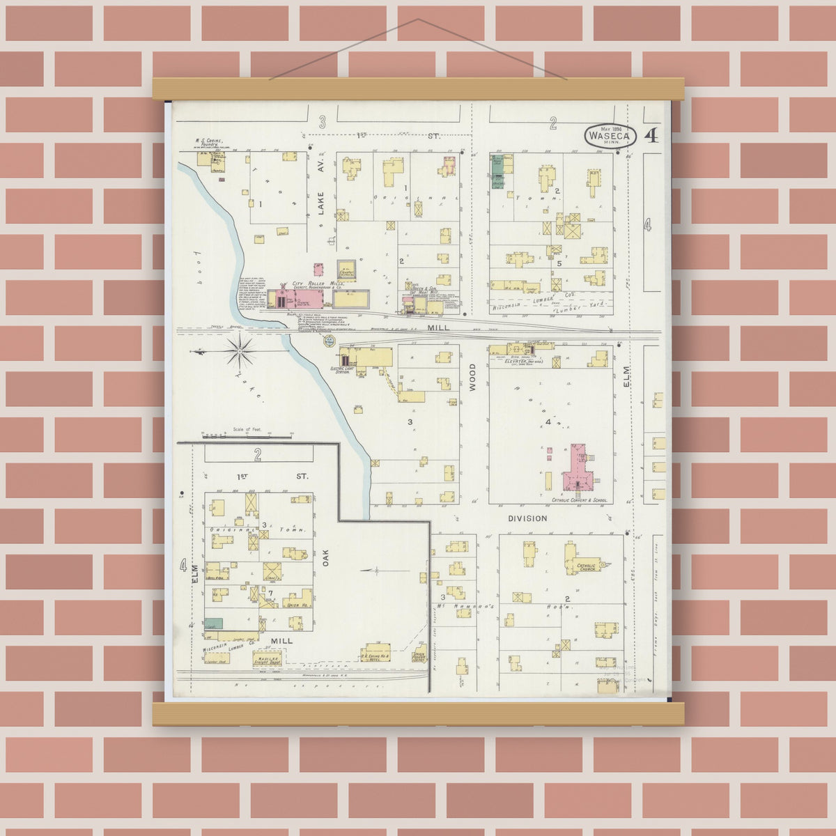 Old map wall art mockup — magnetic wood frame on brick wall — Sanborn Fire Insurance Map from Waseca, Waseca County, Minnesota (1894), Sheet #0004