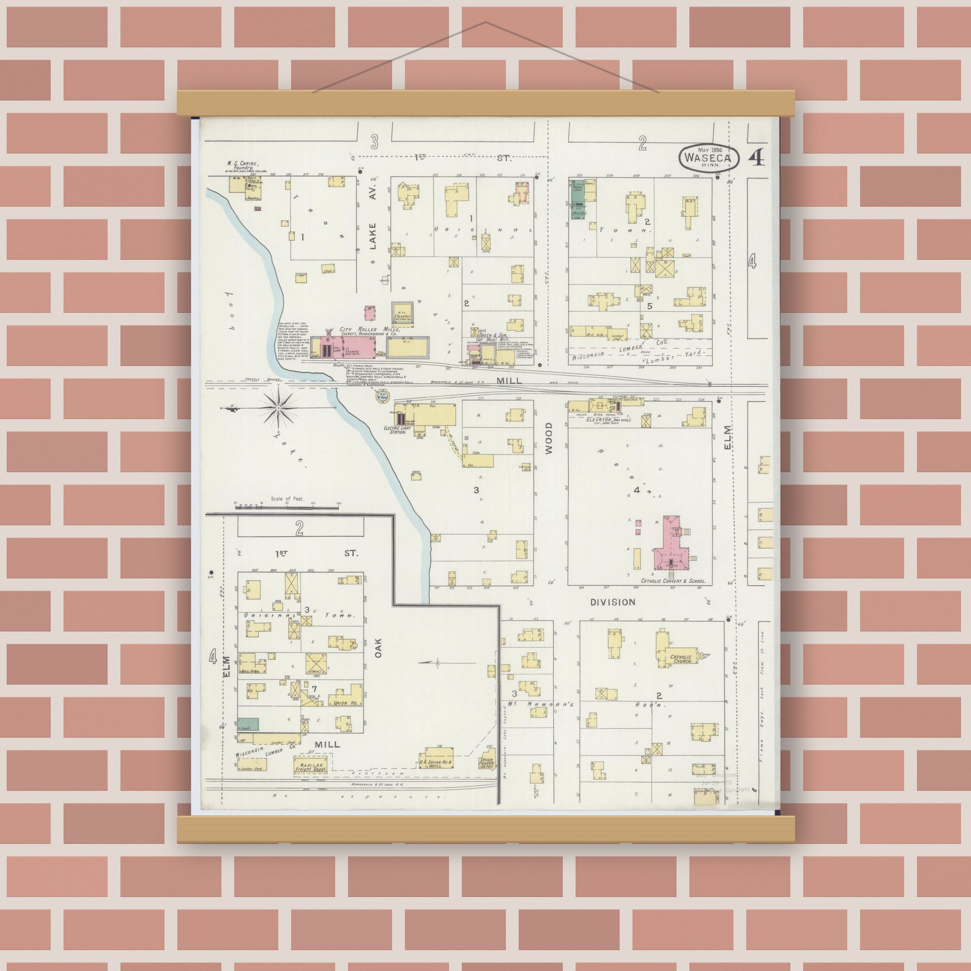 Old map wall art mockup — magnetic wood frame on brick wall — Sanborn Fire Insurance Map from Waseca, Waseca County, Minnesota (1894), Sheet #0004