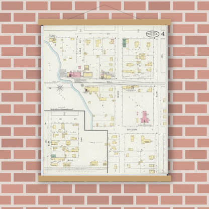 Old map wall art mockup — magnetic wood frame on brick wall — Sanborn Fire Insurance Map from Waseca, Waseca County, Minnesota (1894), Sheet #0004