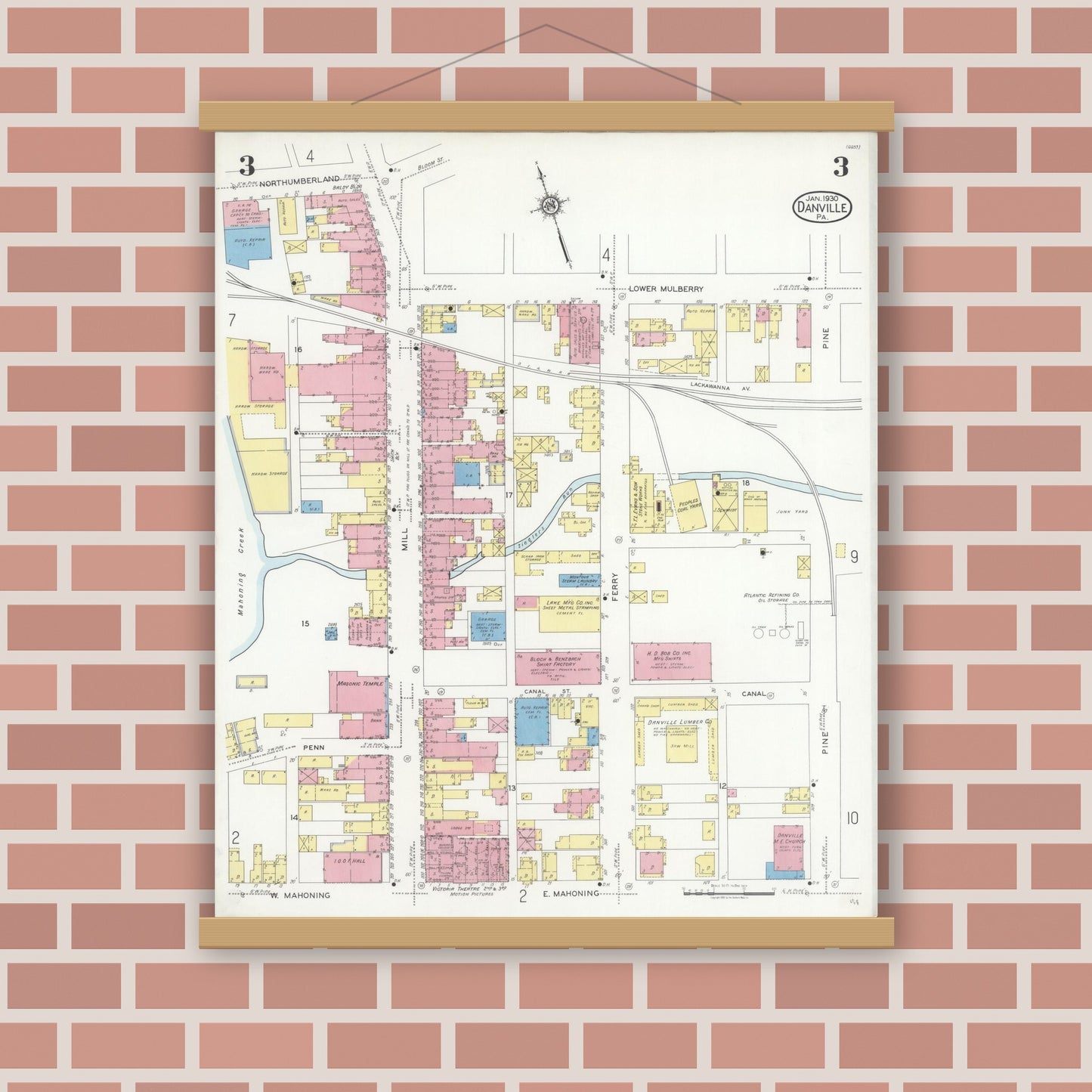 Old map wall art mockup — magnetic wood frame on brick wall — Sanborn Fire Insurance Map from Danville, Montour County, Pennsylvania (1930), Sheet #0003