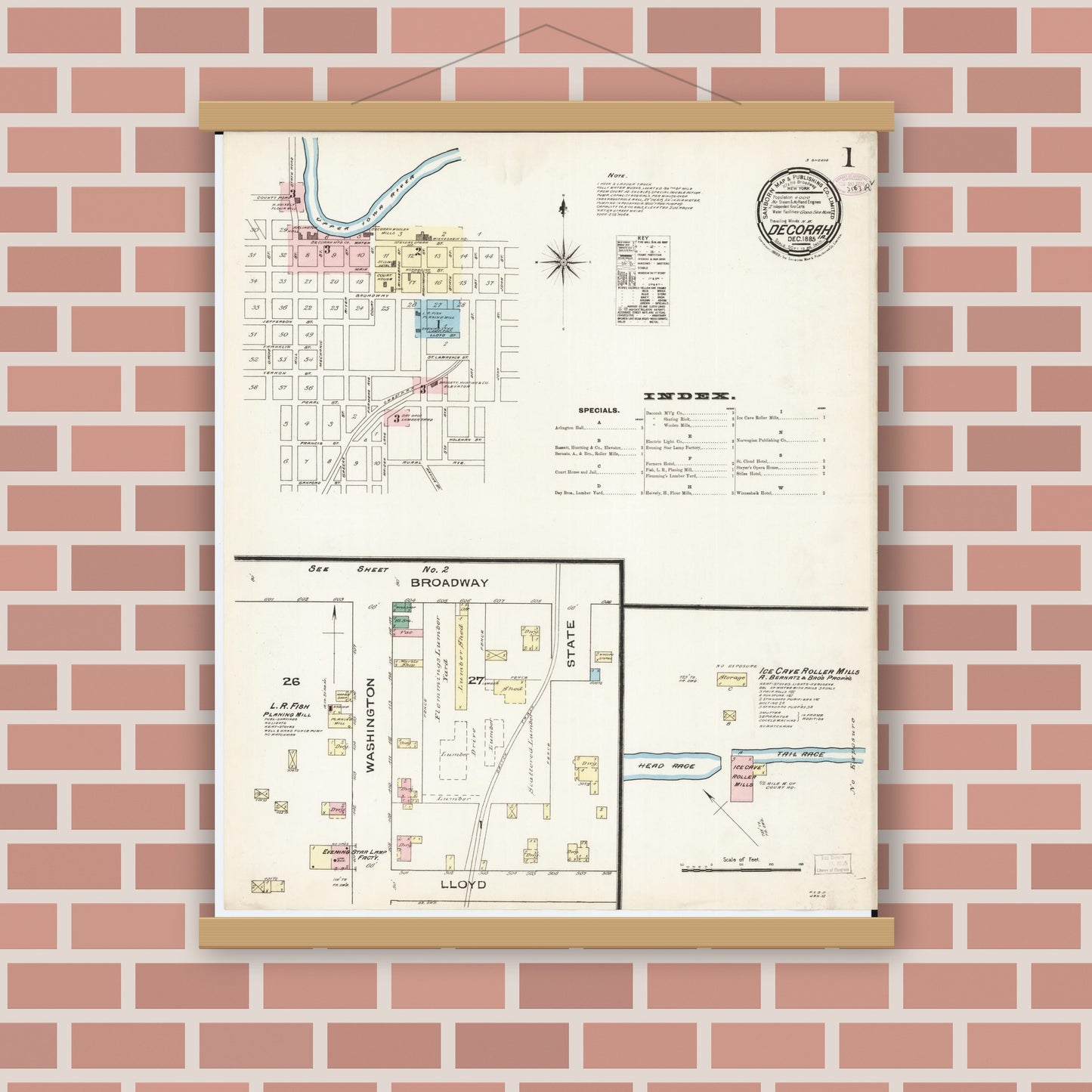 Old map wall art mockup — magnetic wood frame on brick wall — Sanborn Fire Insurance Map from Decorah, Winneshiek County, Iowa (1885) â€” Complete Set