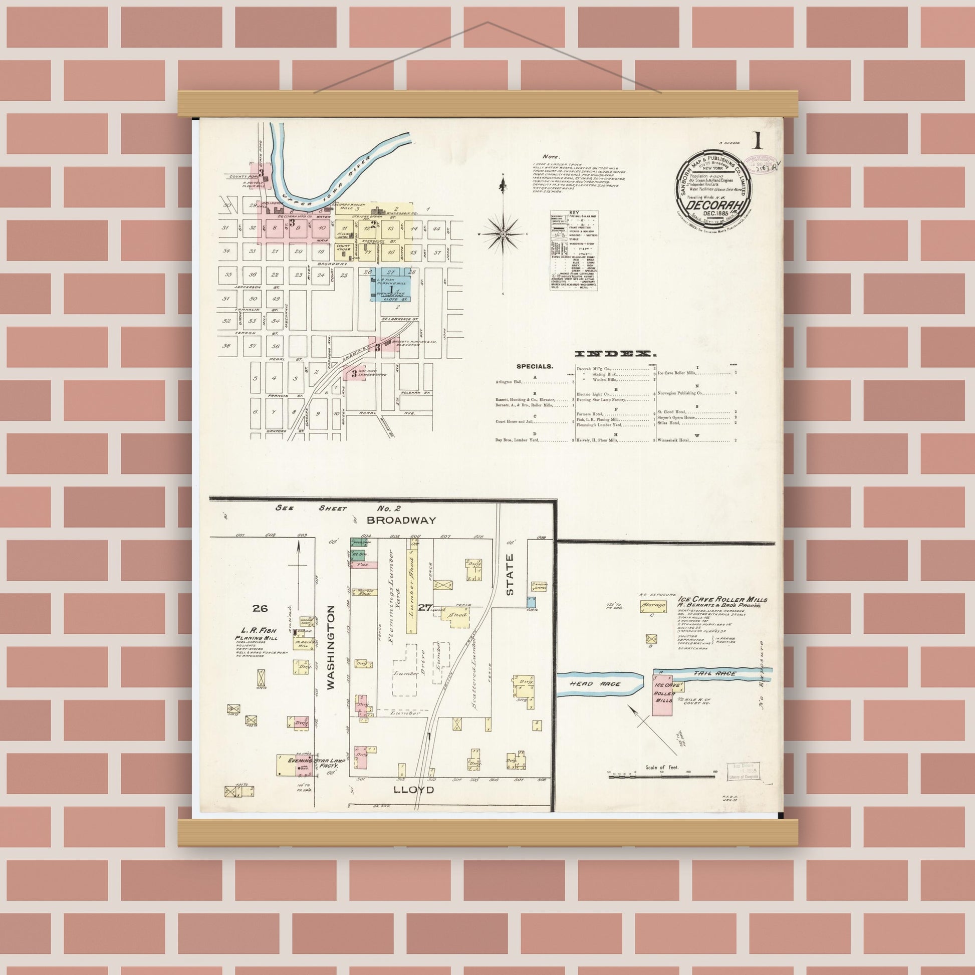 Old map wall art mockup — magnetic wood frame on brick wall — Sanborn Fire Insurance Map from Decorah, Winneshiek County, Iowa (1885) â€” Complete Set
