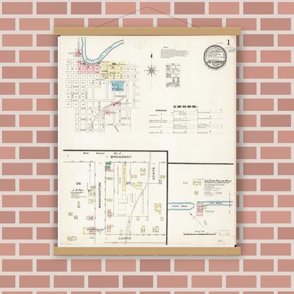 Old map wall art mockup — magnetic wood frame on brick wall — Sanborn Fire Insurance Map from Decorah, Winneshiek County, Iowa (1885) â€” Complete Set