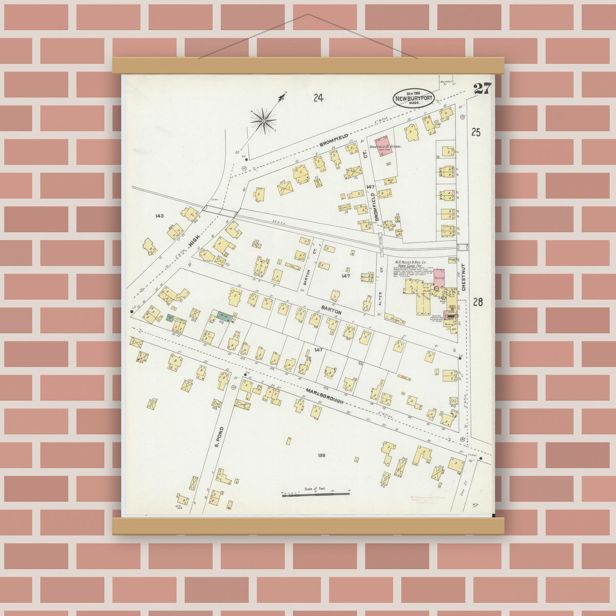 Old map wall art mockup — magnetic wood frame on brick wall — Sanborn Fire Insurance Map from Newburyport, Essex County, Massachusetts (1906), Sheet #0027