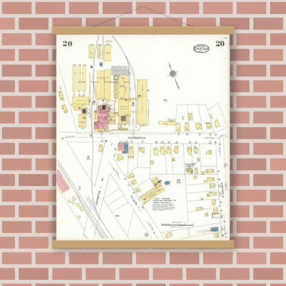 Old map wall art mockup — magnetic wood frame on brick wall — Sanborn Fire Insurance Map from Oneida, Madison County, New York (1923), Sheet #0020
