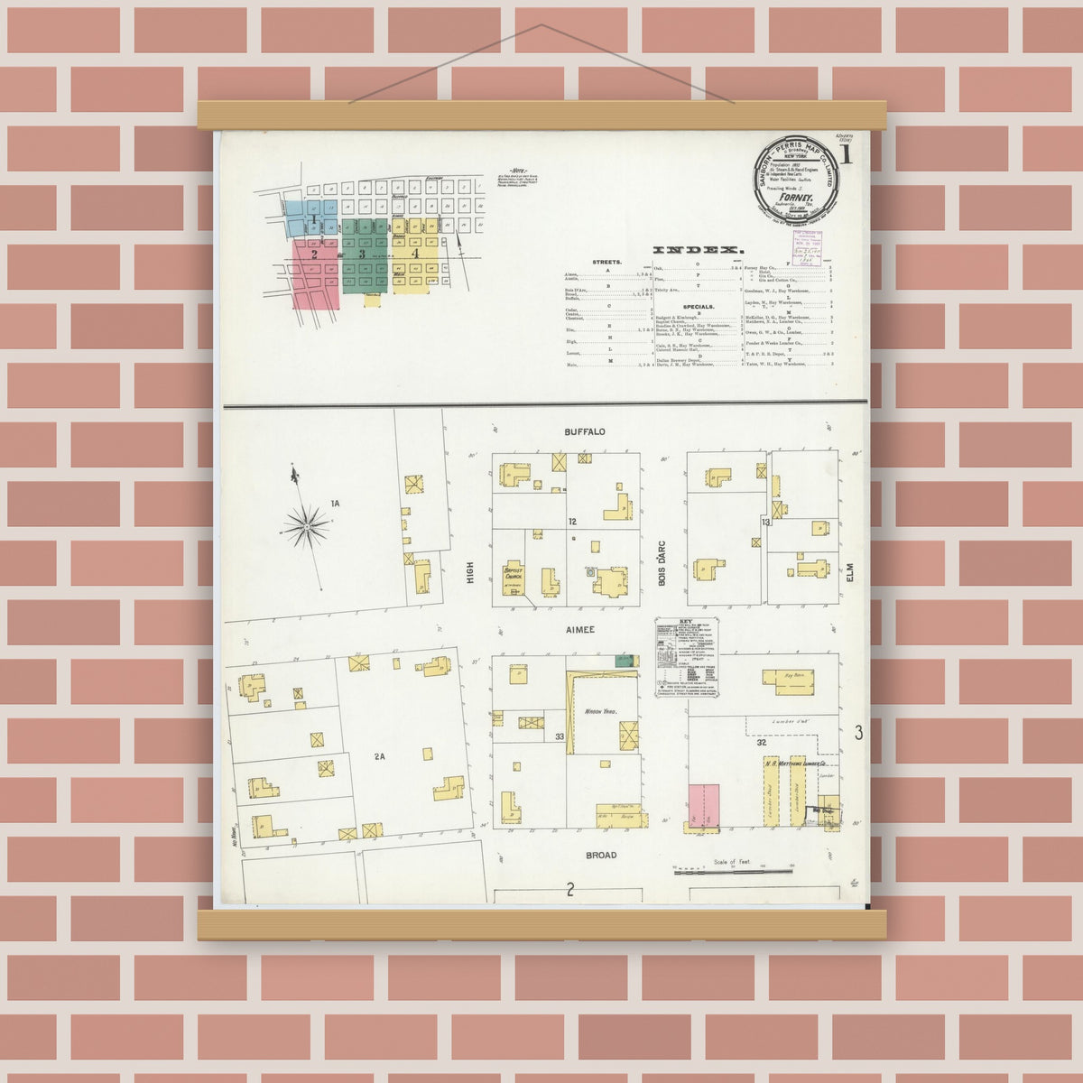 Old map wall art mockup — magnetic wood frame on brick wall — Sanborn Fire Insurance Map from Forney, Kaufman County, Texas (1901) - Complete Map Set