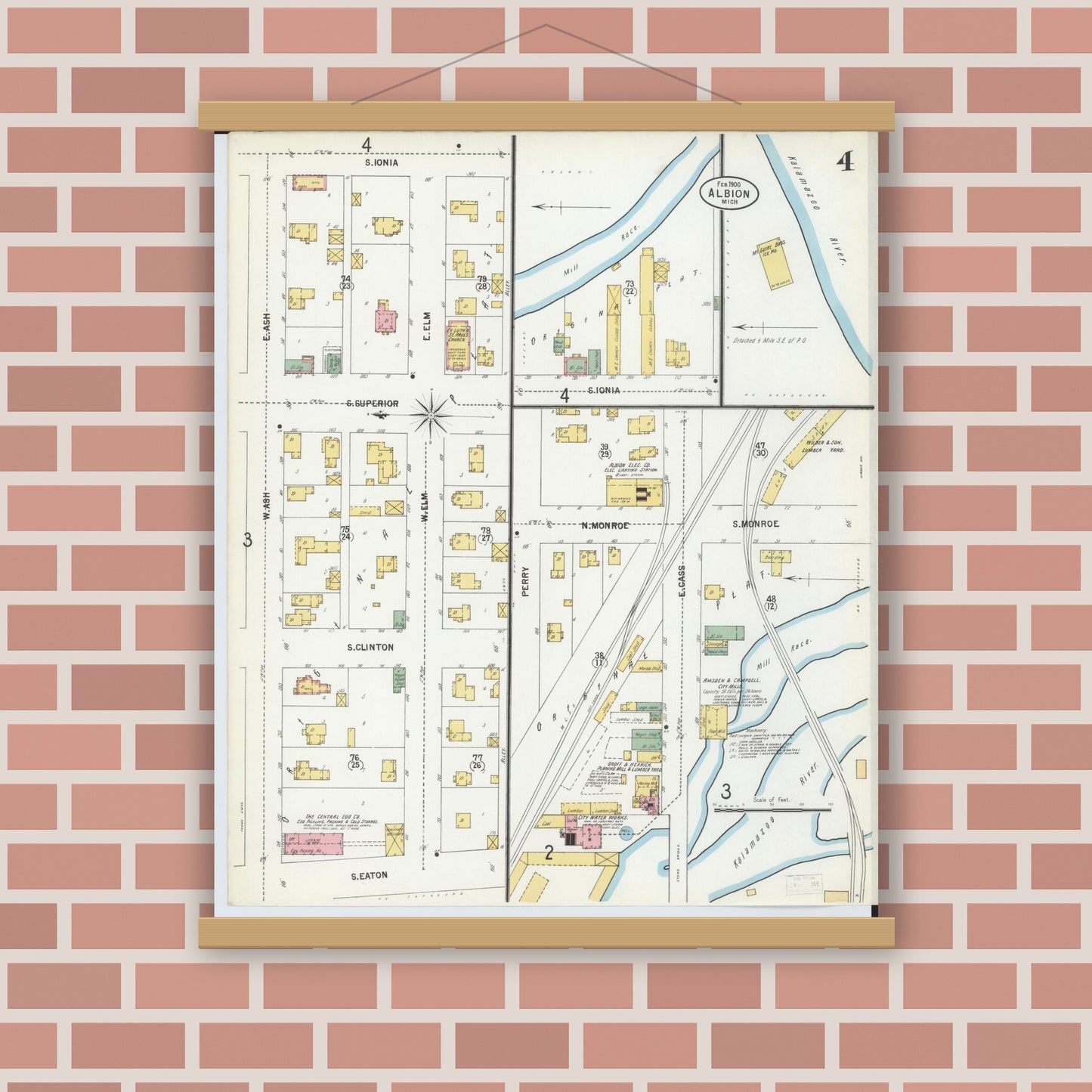 Old map wall art mockup — magnetic wood frame on brick wall — Sanborn Fire Insurance Map from Albion, Calhoun County, Michigan (1900), Sheet #0004