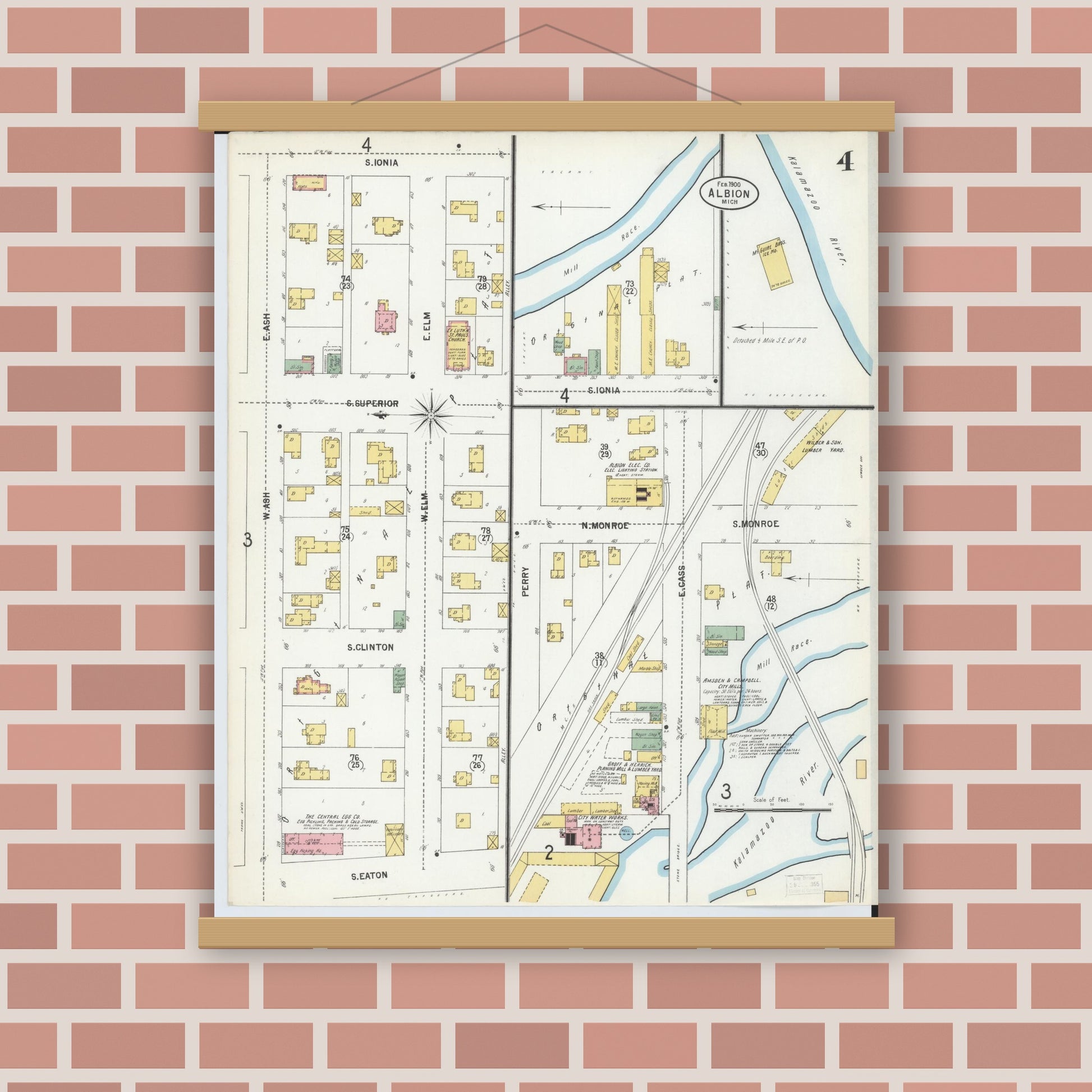 Old map wall art mockup — magnetic wood frame on brick wall — Sanborn Fire Insurance Map from Albion, Calhoun County, Michigan (1900), Sheet #0004