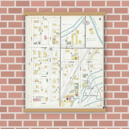 Old map wall art mockup — magnetic wood frame on brick wall — Sanborn Fire Insurance Map from Albion, Calhoun County, Michigan (1900), Sheet #0004