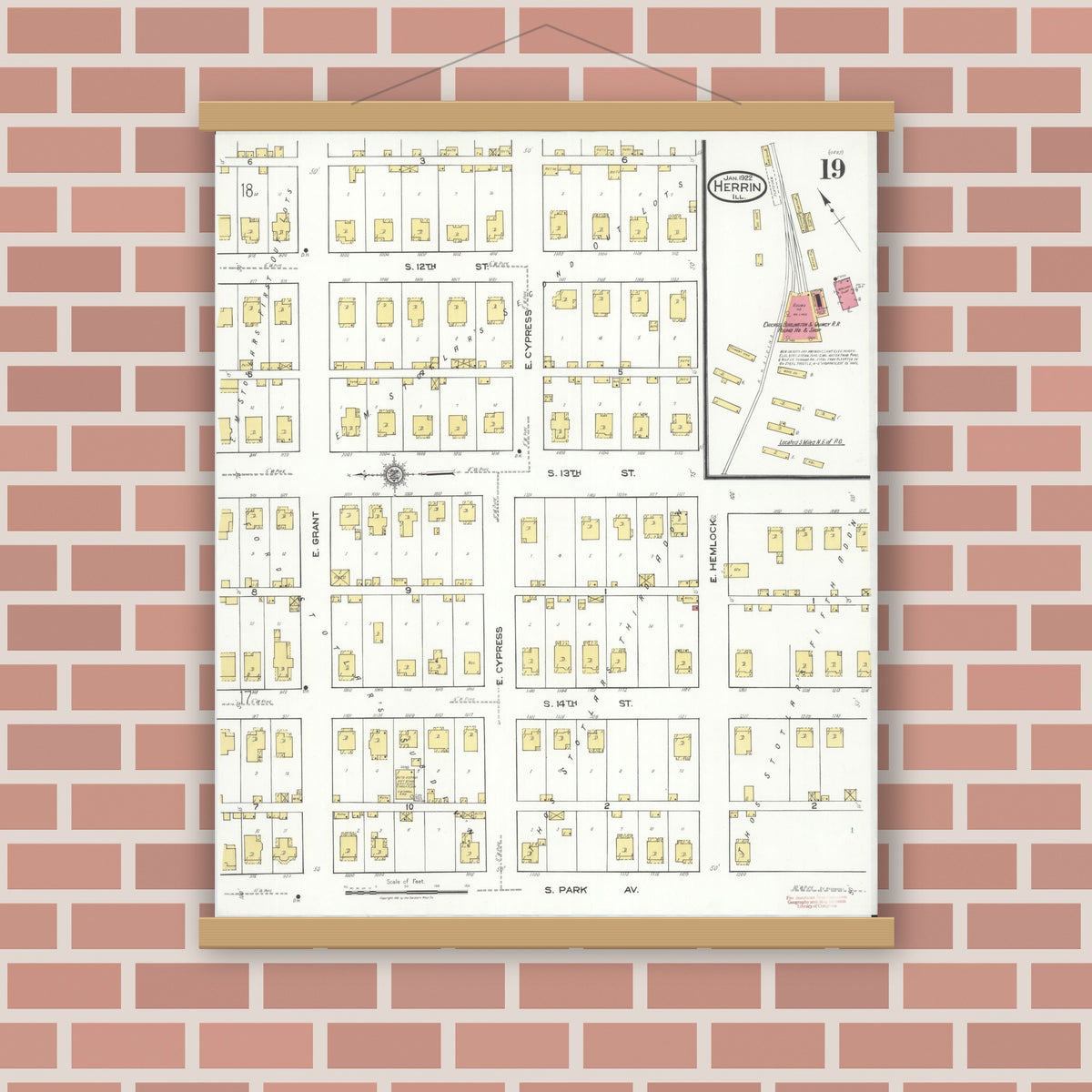 Old map wall art mockup — magnetic wood frame on brick wall — Sanborn Fire Insurance Map from Herrin, Williamson County, Illinois (1922), Sheet #0019