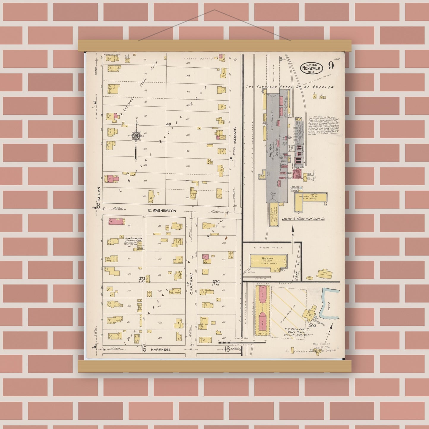 Old map wall art mockup — magnetic wood frame on brick wall — Sanborn Fire Insurance Map from Norwalk, Huron County, Ohio (1922), Sheet #0009