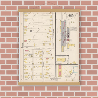 Old map wall art mockup — magnetic wood frame on brick wall — Sanborn Fire Insurance Map from Norwalk, Huron County, Ohio (1922), Sheet #0009