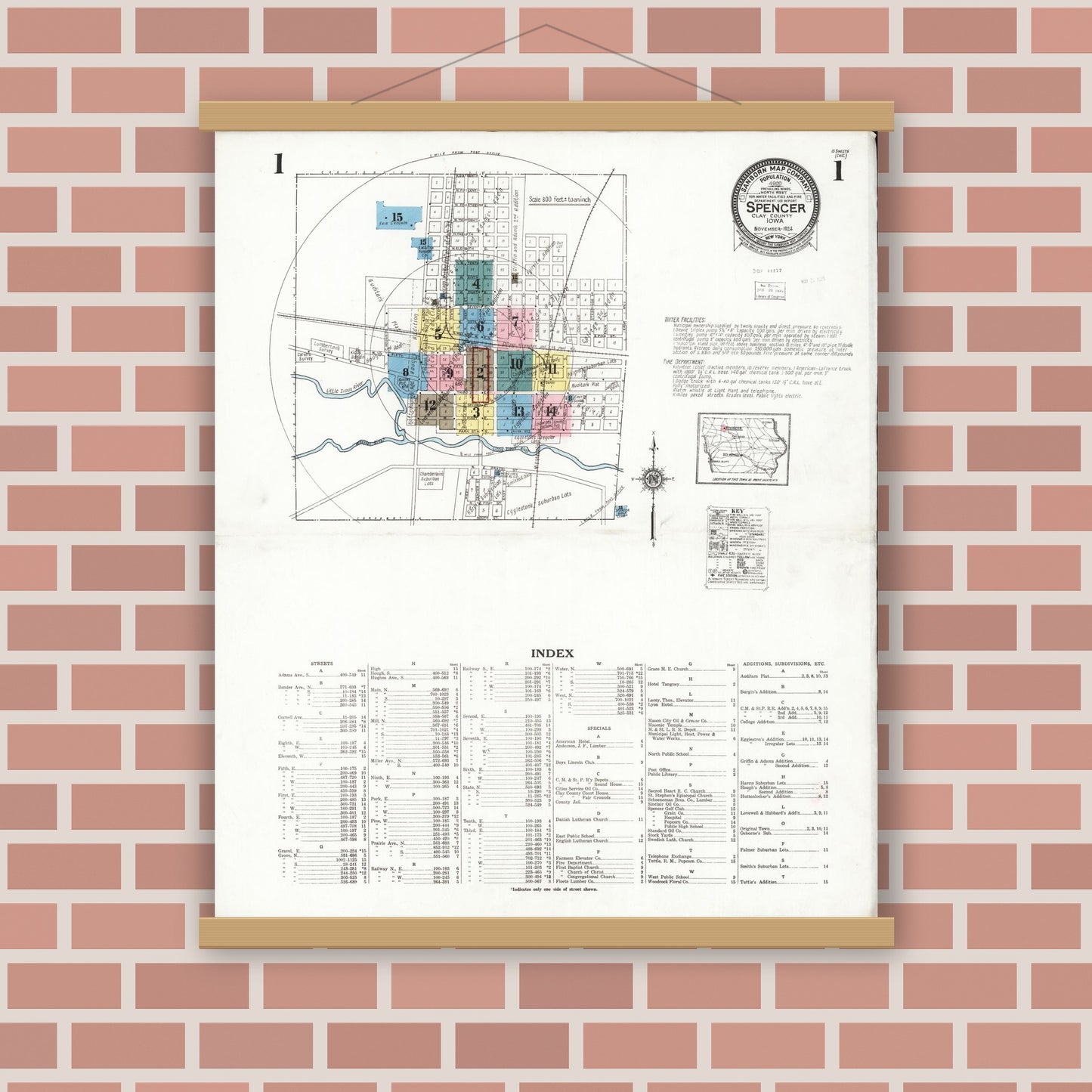 Old map wall art mockup — magnetic wood frame on brick wall — Sanborn Fire Insurance Map from Spencer, Clay County, Iowa (1924) â€” Complete Set