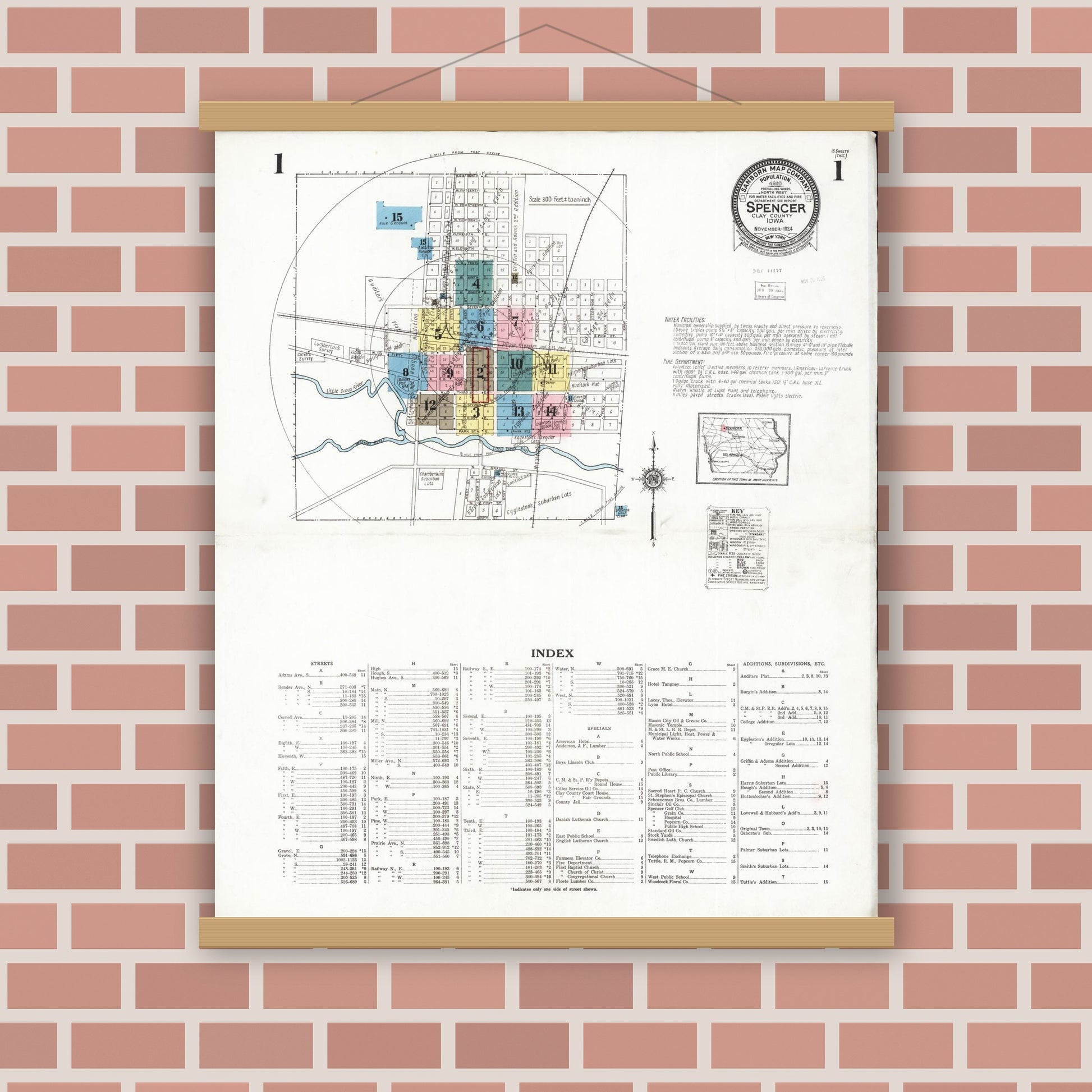 Old map wall art mockup — magnetic wood frame on brick wall — Sanborn Fire Insurance Map from Spencer, Clay County, Iowa (1924) â€” Complete Set