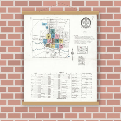 Old map wall art mockup — magnetic wood frame on brick wall — Sanborn Fire Insurance Map from Spencer, Clay County, Iowa (1924) â€” Complete Set