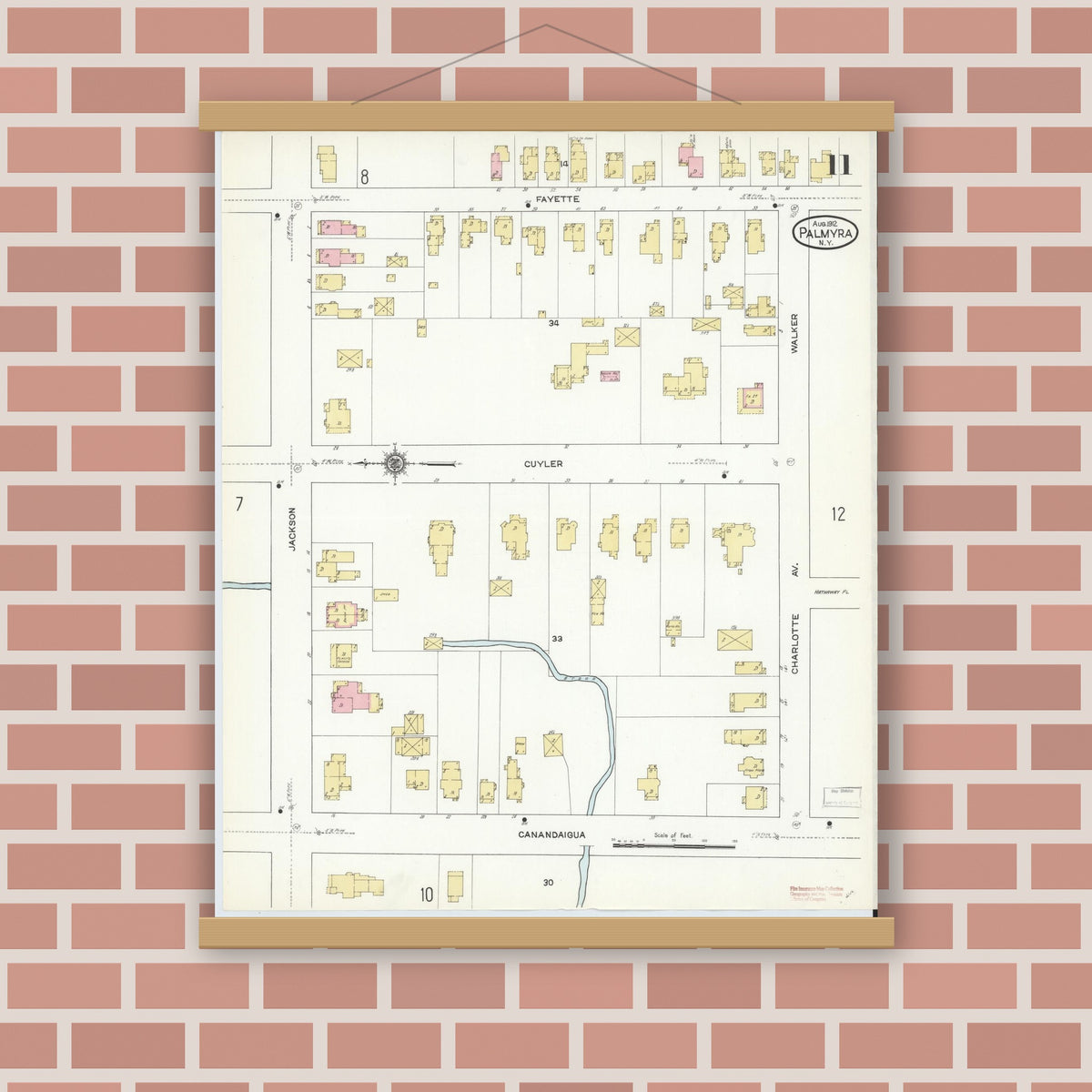 Old map wall art mockup — magnetic wood frame on brick wall — Sanborn Fire Insurance Map from Palmyra, Wayne County, New York (1912), Sheet #0011
