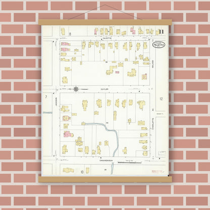 Old map wall art mockup — magnetic wood frame on brick wall — Sanborn Fire Insurance Map from Palmyra, Wayne County, New York (1912), Sheet #0011