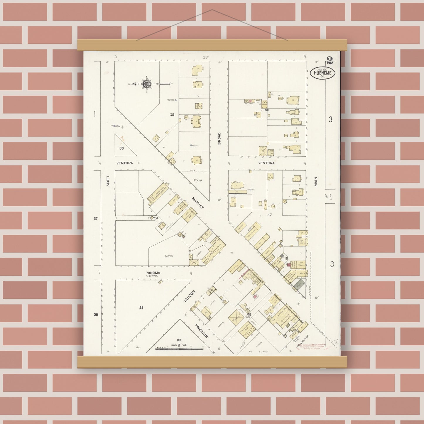 Old map wall art mockup — magnetic wood frame on brick wall — Sanborn Fire Insurance Map from Hueneme, Ventura County, California (1910), Sheet #0002
