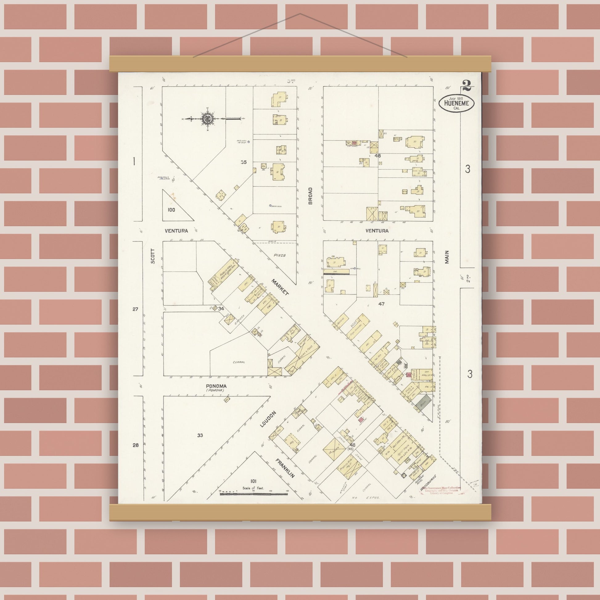 Old map wall art mockup — magnetic wood frame on brick wall — Sanborn Fire Insurance Map from Hueneme, Ventura County, California (1910), Sheet #0002