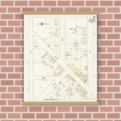 Old map wall art mockup — magnetic wood frame on brick wall — Sanborn Fire Insurance Map from Hueneme, Ventura County, California (1910), Sheet #0002