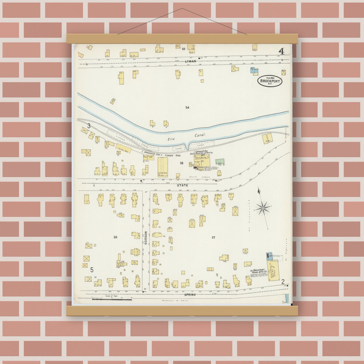 Old map wall art mockup — magnetic wood frame on brick wall — Sanborn Fire Insurance Map from Brockport, Monroe County, New York (1898), Sheet #0004