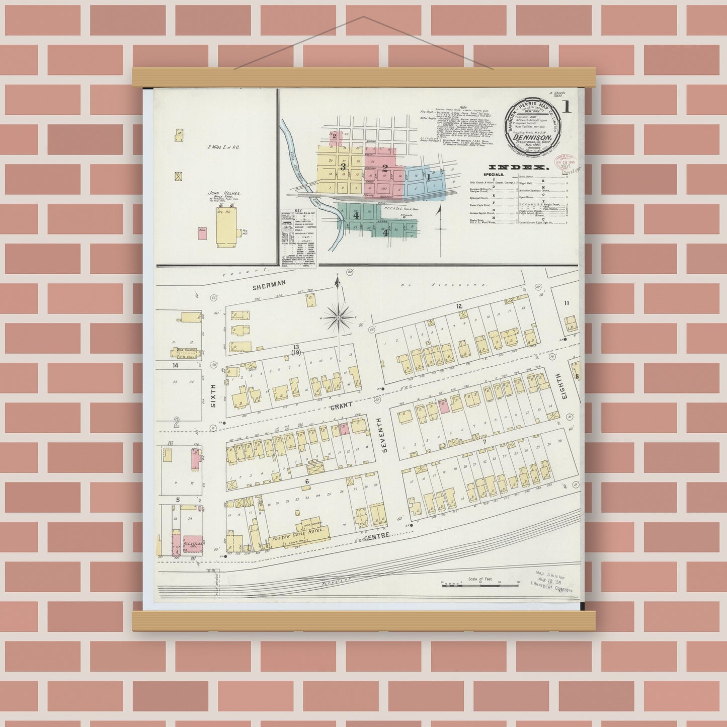 Old map wall art mockup — magnetic wood frame on brick wall — Sanborn Fire Insurance Map from Dennison, Tuscarawas County, Ohio (1895), Sheet #0001