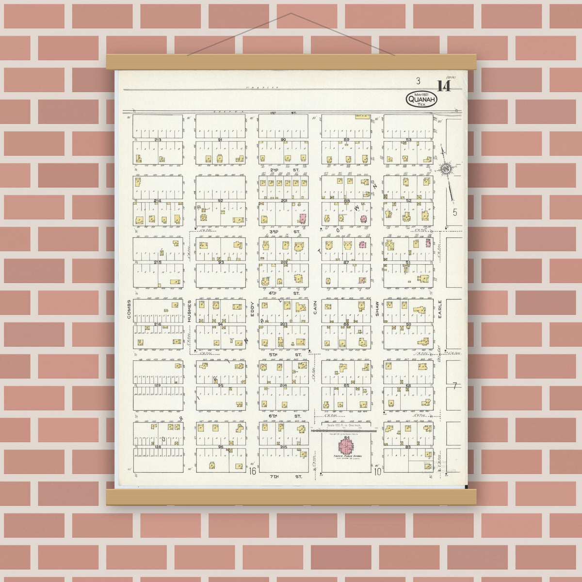 Old map wall art mockup — magnetic wood frame on brick wall — Sanborn Fire Insurance Map from Quanah, Hardeman County, Texas (1921), Sheet #0014
