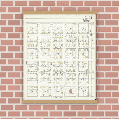 Old map wall art mockup — magnetic wood frame on brick wall — Sanborn Fire Insurance Map from Quanah, Hardeman County, Texas (1921), Sheet #0014