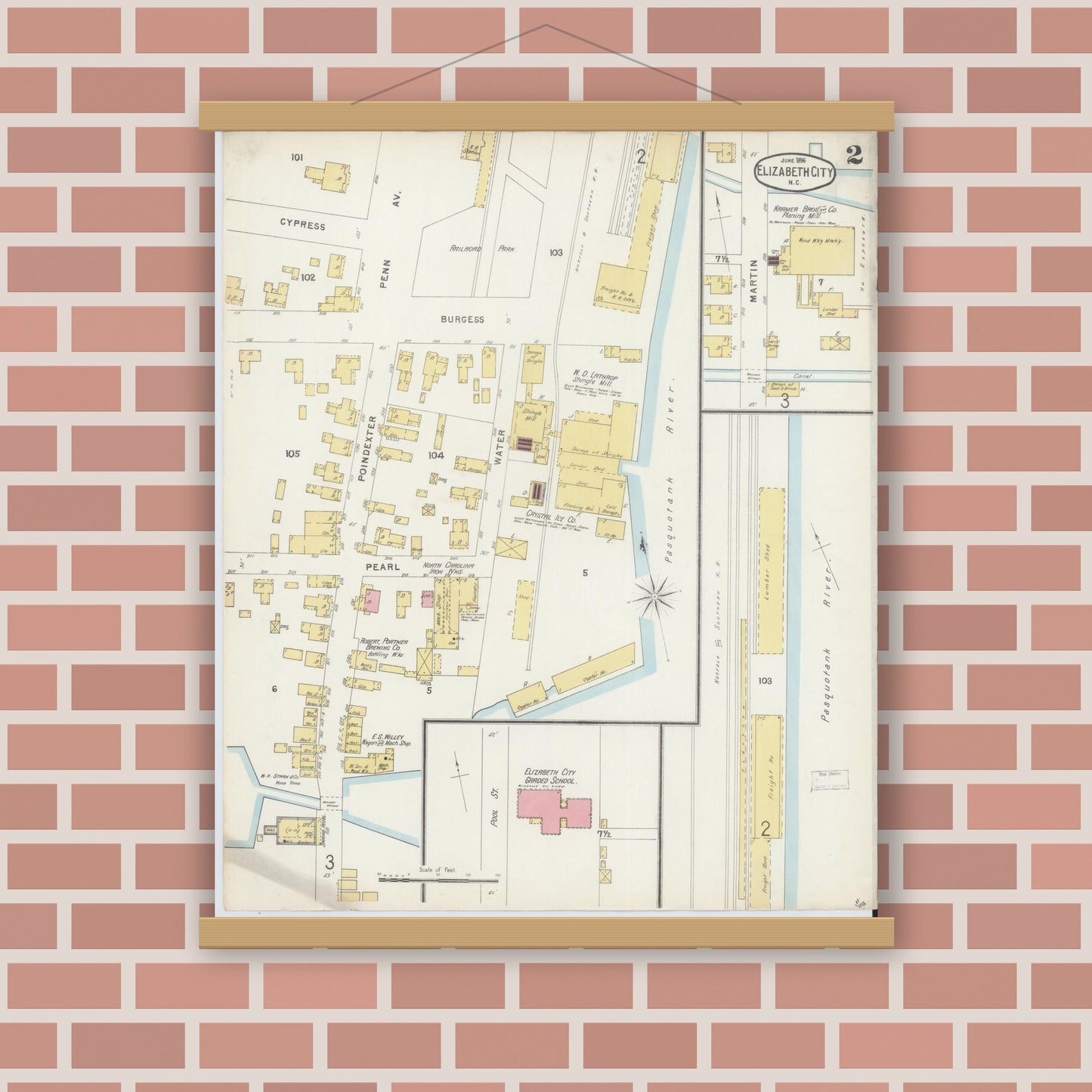 Old map wall art mockup — magnetic wood frame on brick wall — Sanborn Fire Insurance Map from Elizabeth City, Pasquotank County, North Carolina (1896), Sheet #0002
