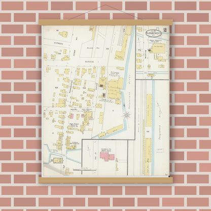 Old map wall art mockup — magnetic wood frame on brick wall — Sanborn Fire Insurance Map from Elizabeth City, Pasquotank County, North Carolina (1896), Sheet #0002