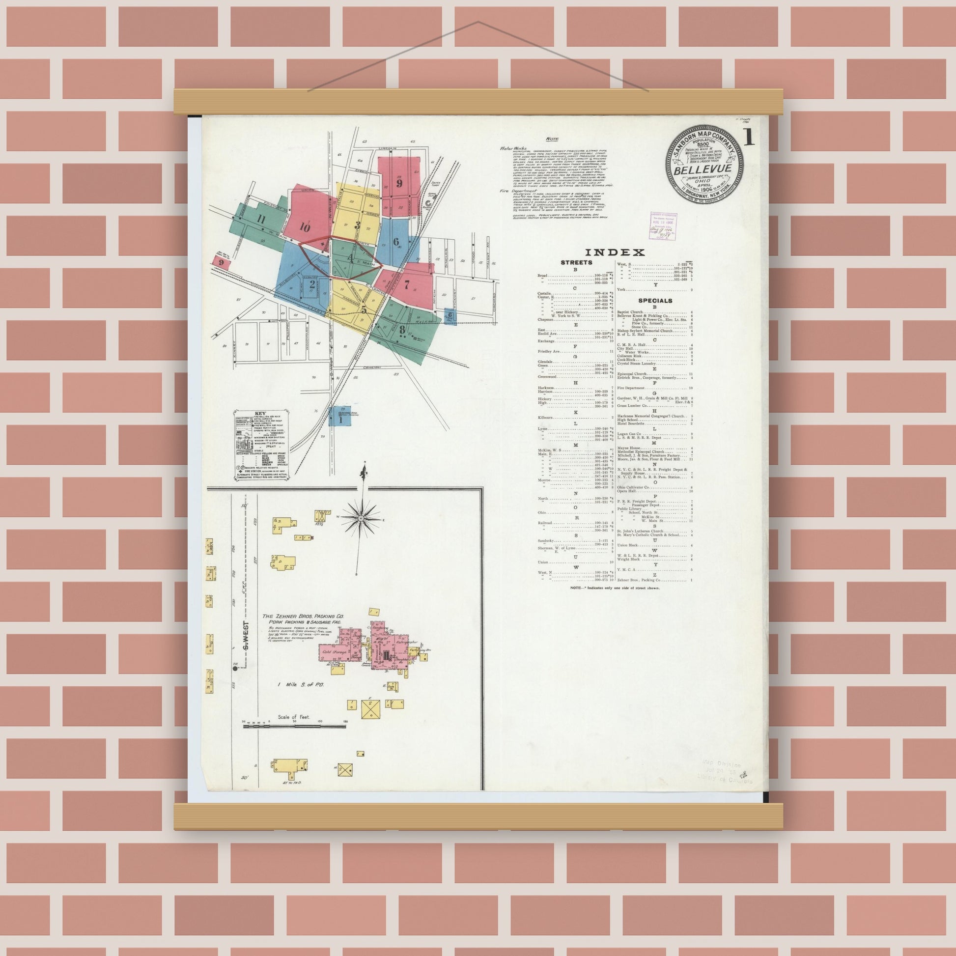 Old map wall art mockup — magnetic wood frame on brick wall — Sanborn Fire Insurance Map from Bellevue, Huron And Sandusky County, Ohio (1906), Sheet #0001